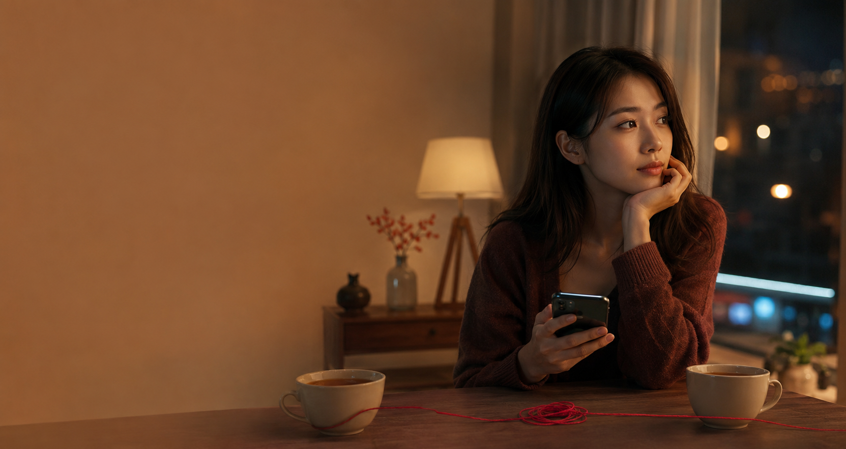夜晚窗边思考关系问题的女性